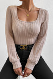 Square Neck Bubble Sleeve Textured Knit Top