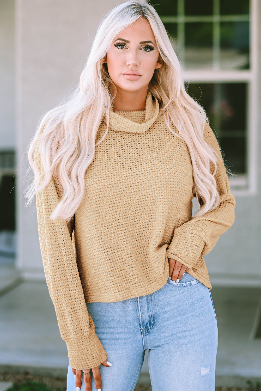 Solid Waffle Knit Turtleneck Long Sleeve Top