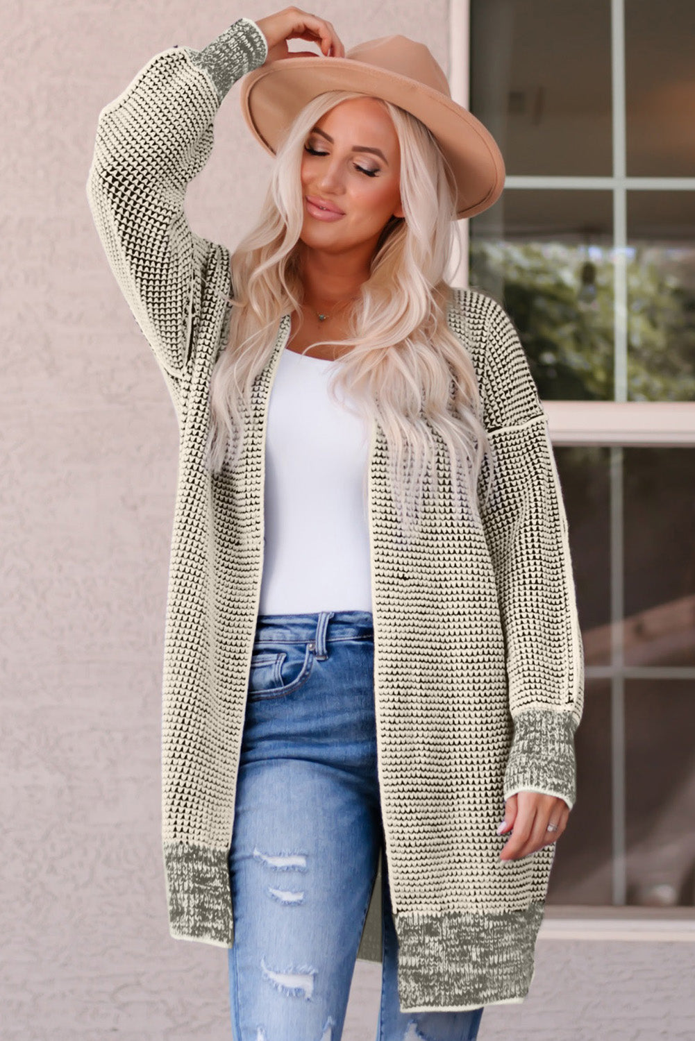 Gray Textured Knit Pocketed Duster Cardigan