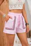 Boho Embroidered Floral Tasseled Drawstring Waist Casual Shorts