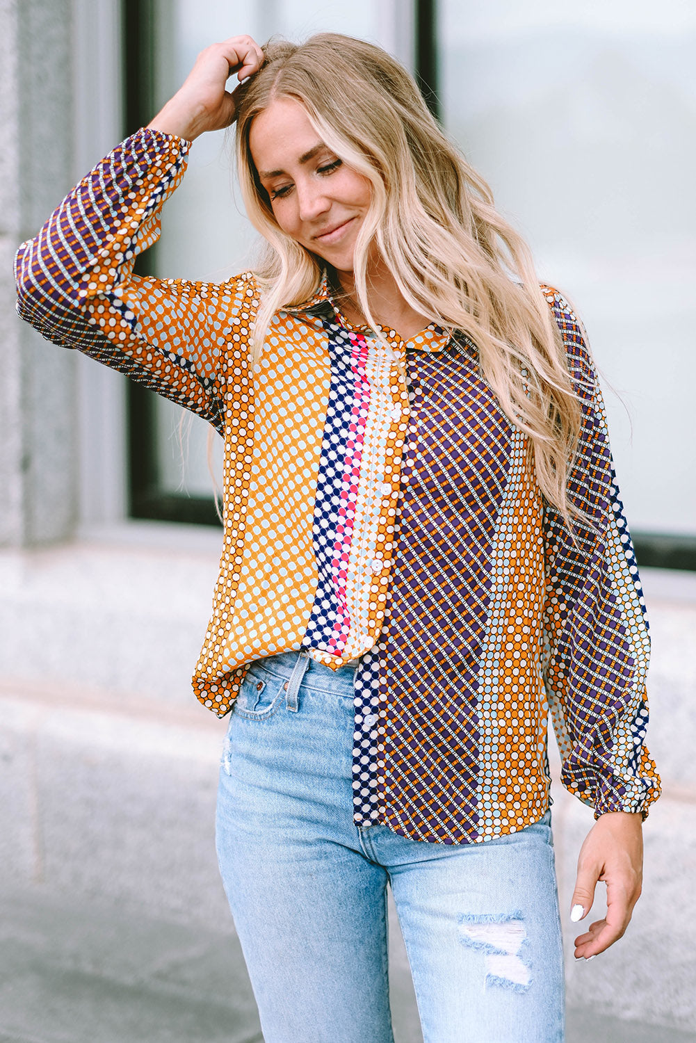 Dot Print Long Sleeve Button Down Shift Shirt