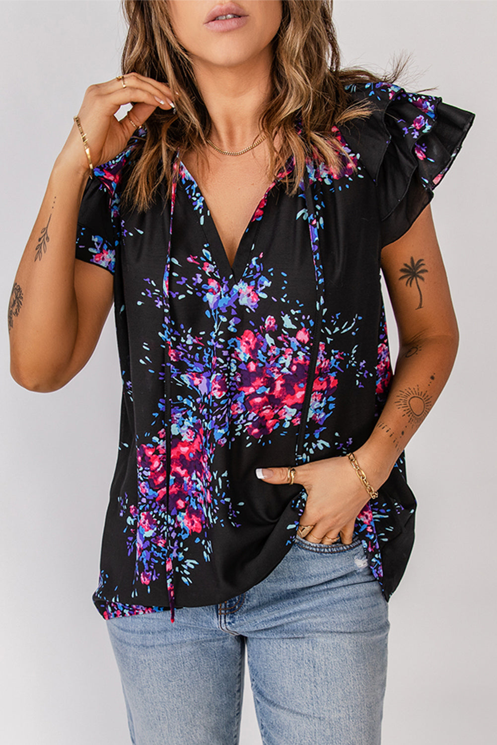 Butterfly Sleeves Split V Neck Tie-dye Print Blouse