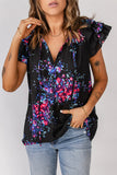 Blouse noire à imprimé tie-dye et manches papillon fendues à col en V