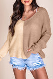 Khaki Long Sleeve V-Neck Colorblock Sweater