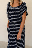 Striped Print Ruffled High Waist Maxi Dress with Side Splits