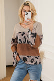 Leopard Colorblock Patchwork V-Neck Loose Sleeve Knit Top