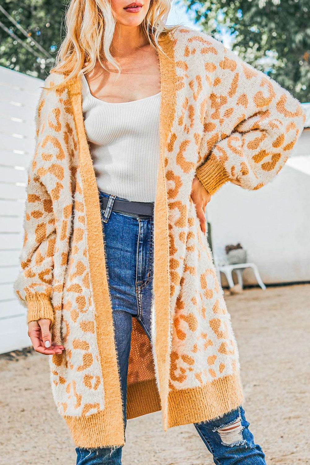 Fuzzy Knit Leopard Print Open Front Tunic Cardigan