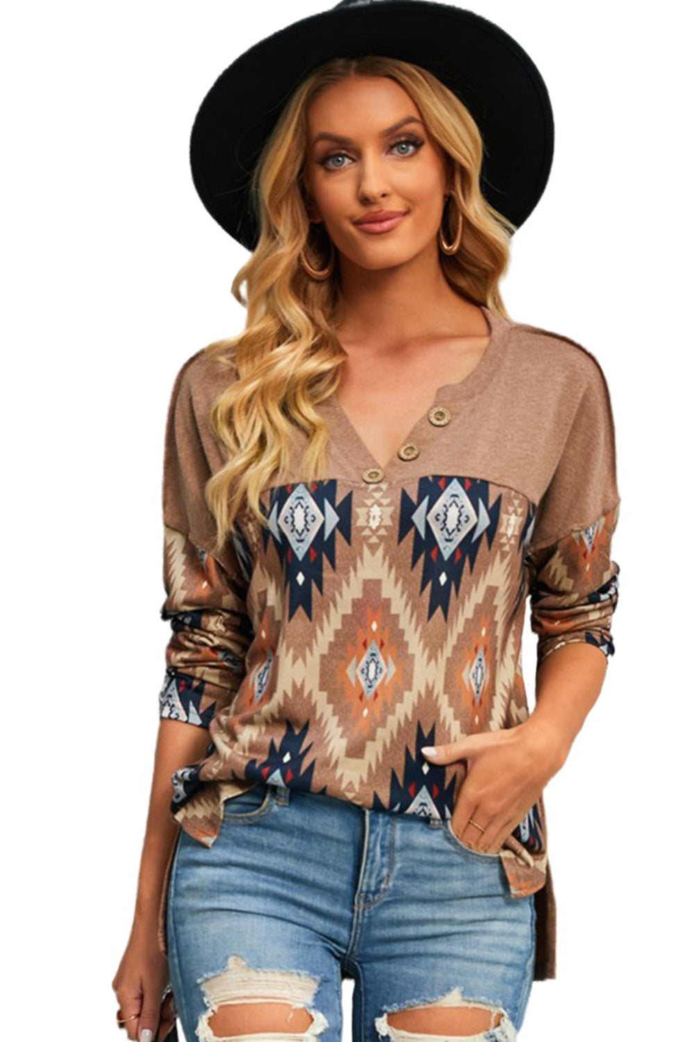 Western Aztec Print Buttoned V Neck Top