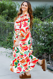 Orange Floral Print Drawstring V Neck Tiered Plus Size Dress