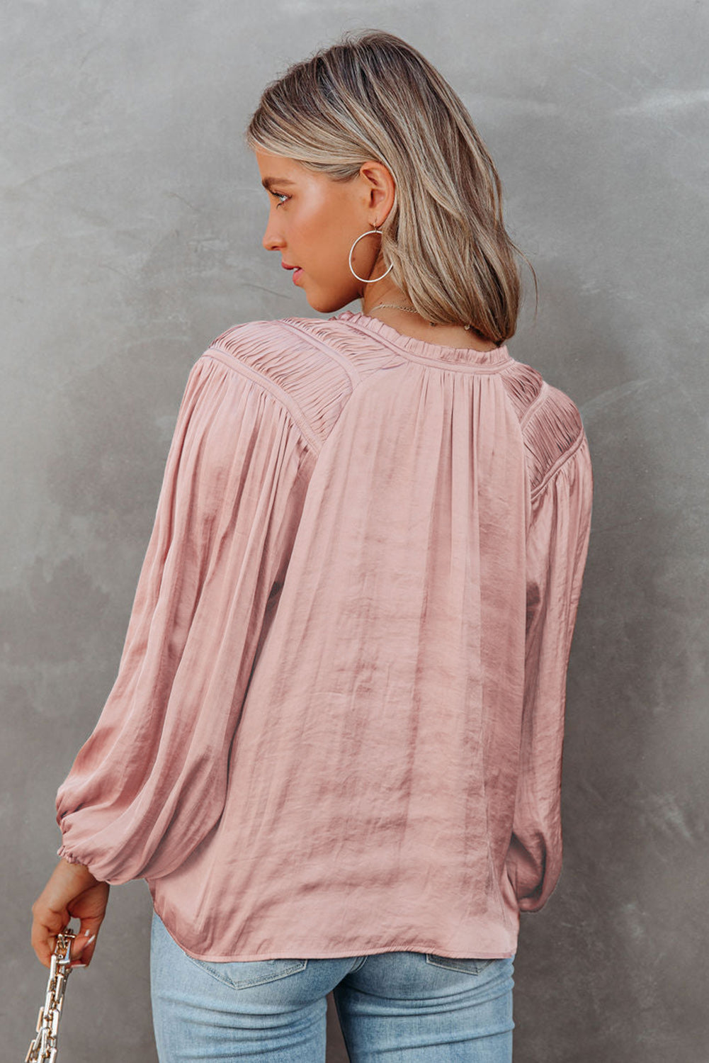 Pleated Balloon Sleeve Drawstring V-Neck Blouse