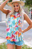 Brush Print Ruffle Trim Peplum Tank Top