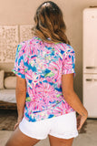 Rose Abstract Floral Print Notch V Neck Rolled Short Sleeve Blouse