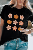 Pumpkin Flower Print Short Sleeve Graphic Top