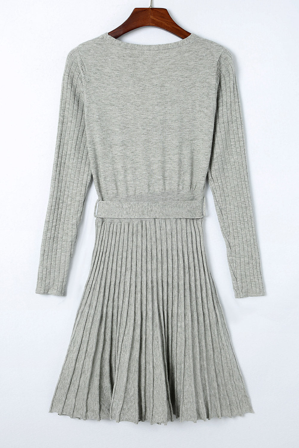 Belted V Neck Ribbed Pleated Sweater Dress