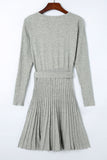 Belted V Neck Ribbed Pleated Sweater Dress