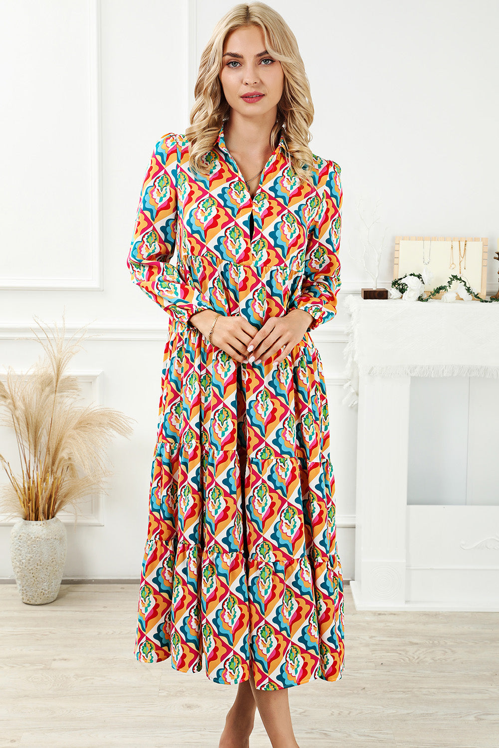 Abstract Geometric Print Long Sleeve High Waist Dress