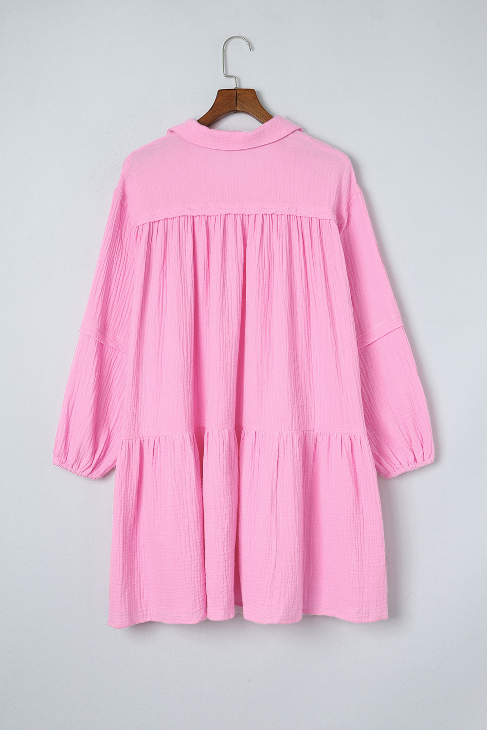 Turn-down Neck Textured Bubble Sleeve Dress