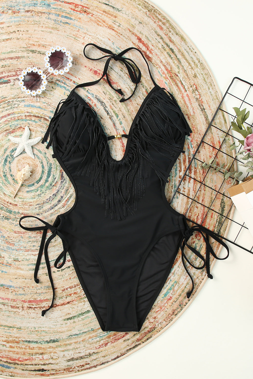 Halter Tassel Backless One-piece Swimwear