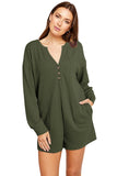 Dark Green Brushed Ribbed Button Split V Neck Long Sleeve Romper