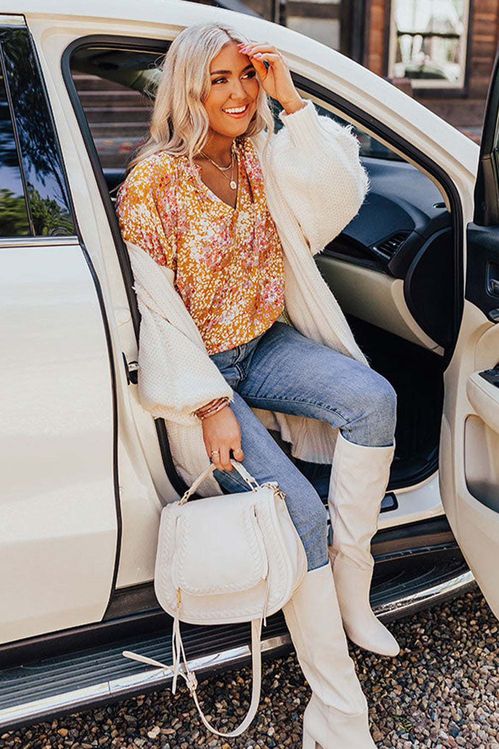 Split V Neck Floral Blouse