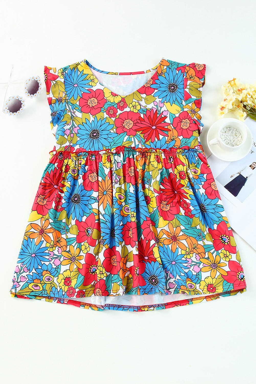 V Neck Ruffled Floral Babydoll Top