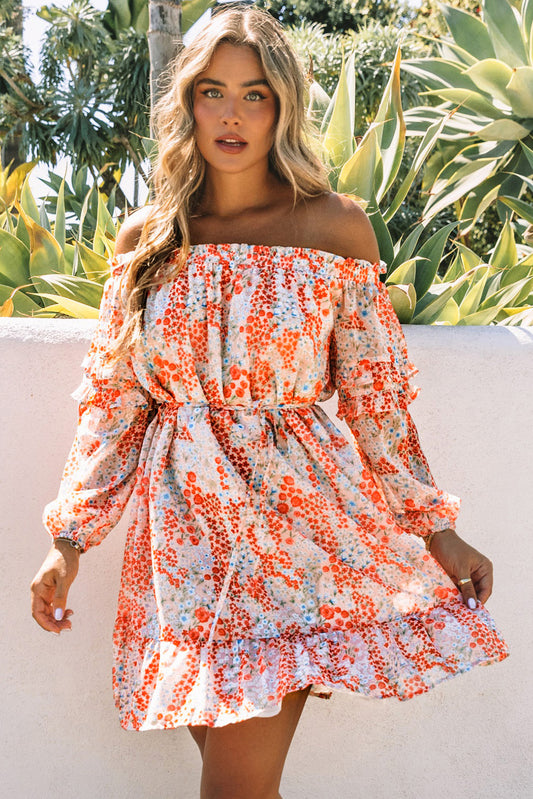 Floral Off The Shoulder Print Ruffled Dress with Tie