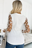 Floral Applique Mesh Sleeves Textured Knit Blouse