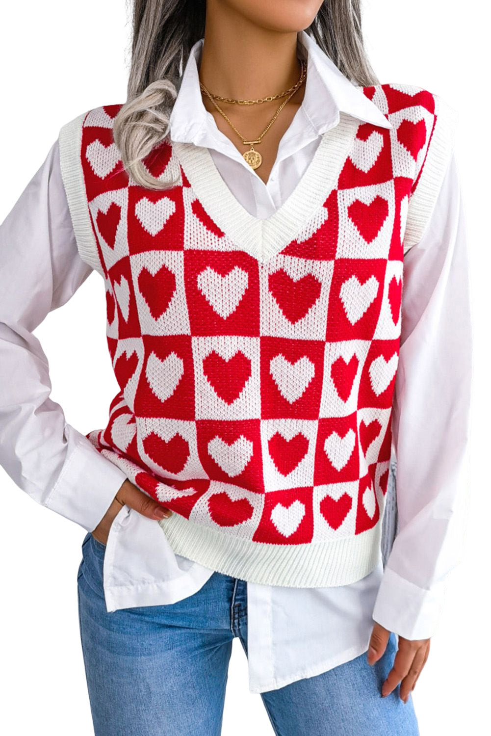 Checked Heart Pattern Sweater Vest