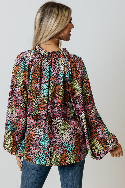 Vibrant Floral Tie V Neck Puff Sleeve Blouse