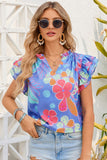 Split V Neck Flutter Floral Top