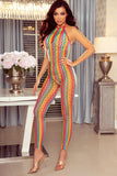 Striped Hollow Out Backless Halter Bodystocking