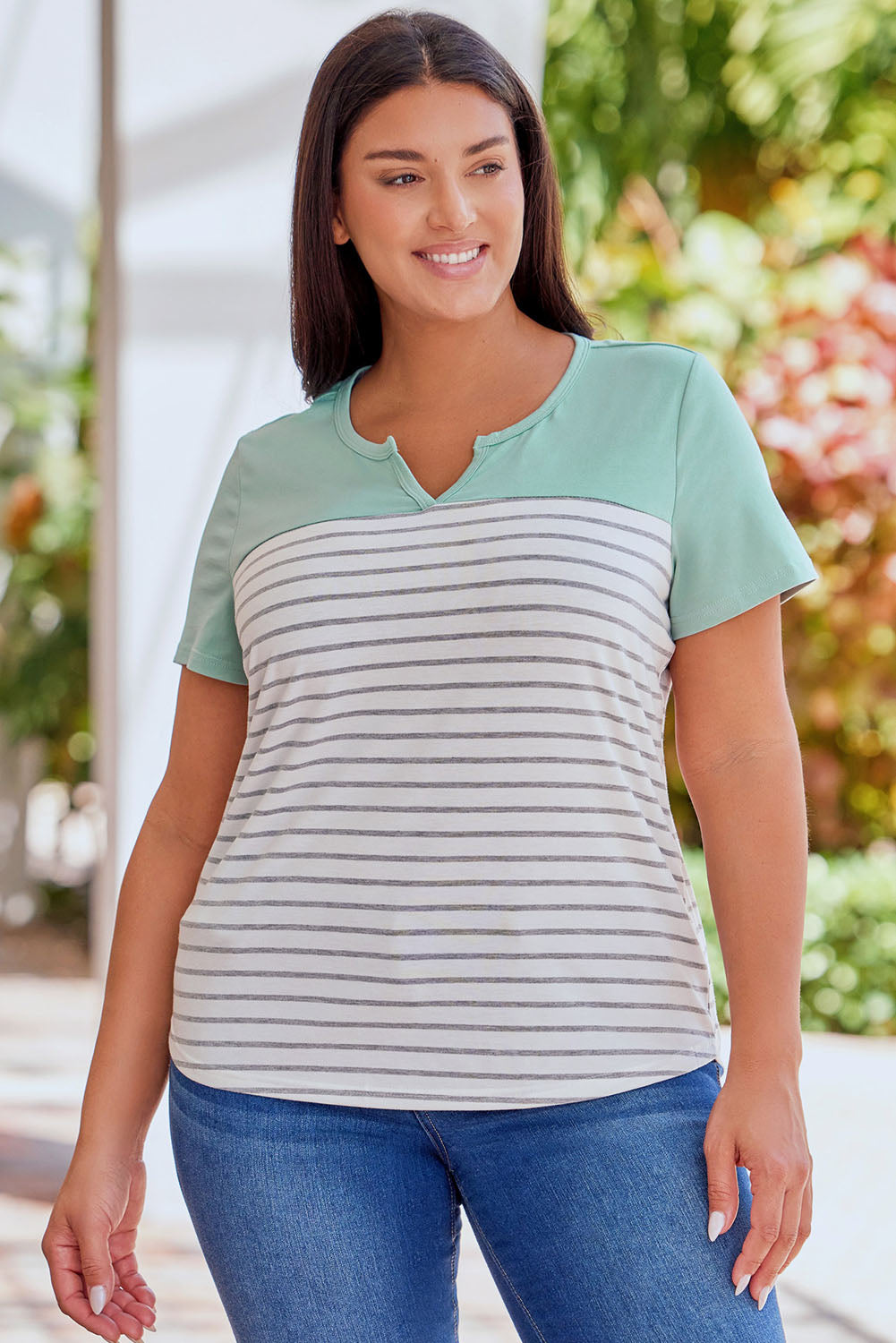 Contrast Striped Plus Size Short Sleeve Tee