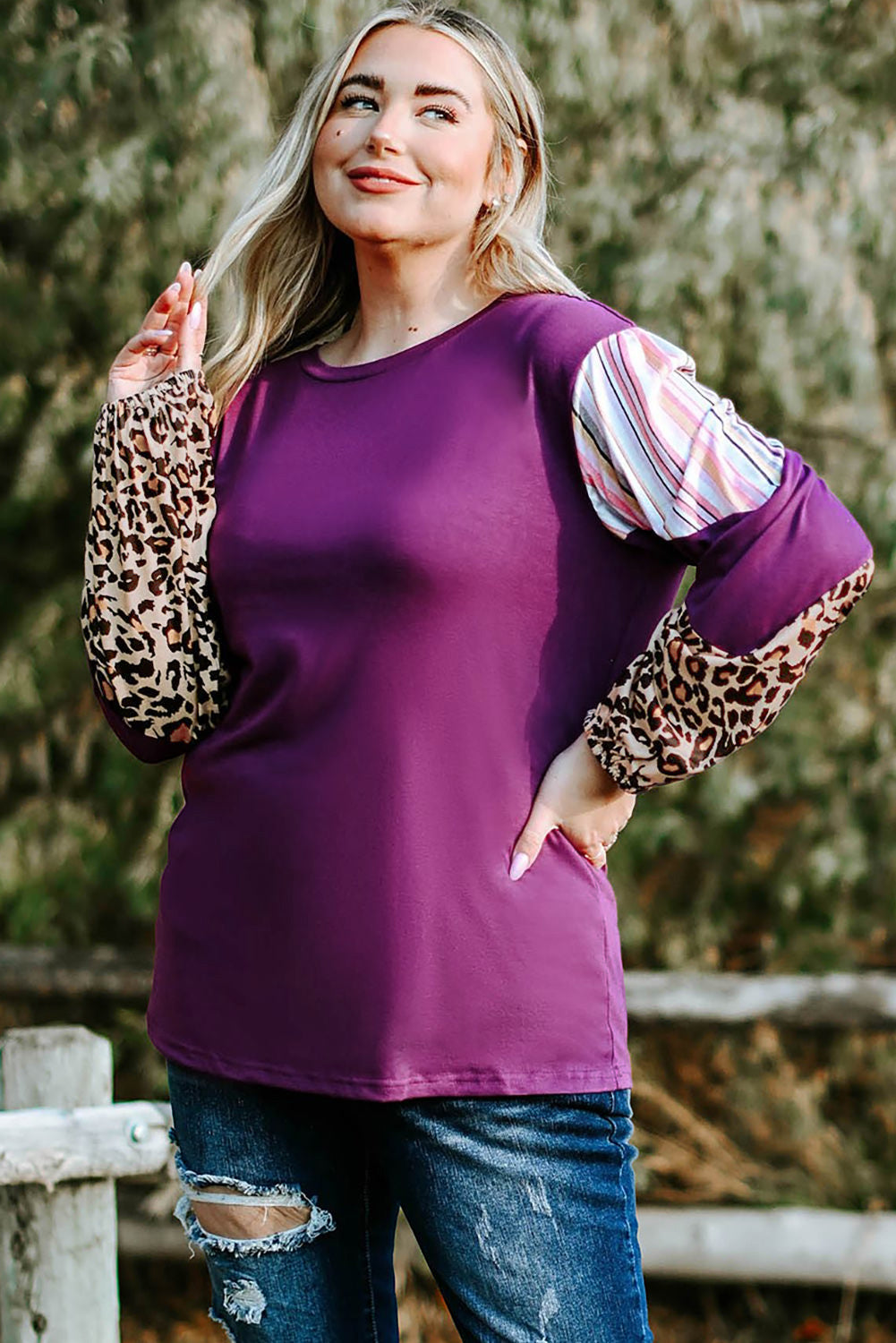 Leopard Striped Color Block Plus Size Top