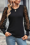 Black Leopard Mesh Puff Sleeve Patchwork Slim Fit Top