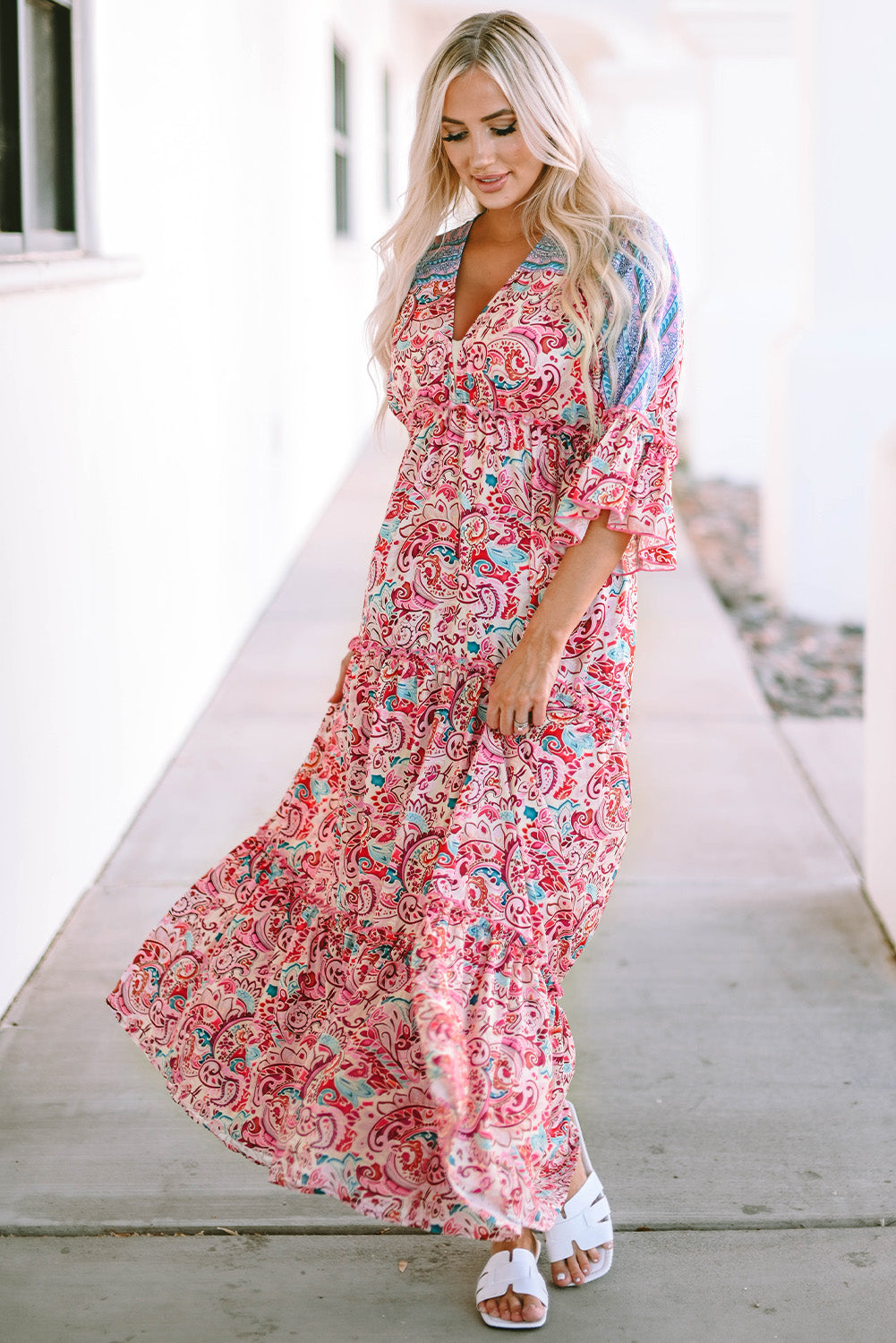 Boho Floral Paisley Print Tassel Tie V Neck Maxi Dress