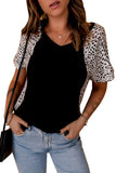 Leopard Sleeves Color Block V Neck T-shirt