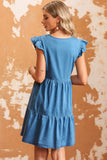 Crew Neck Flutter Tiered A-line Chambray Dress