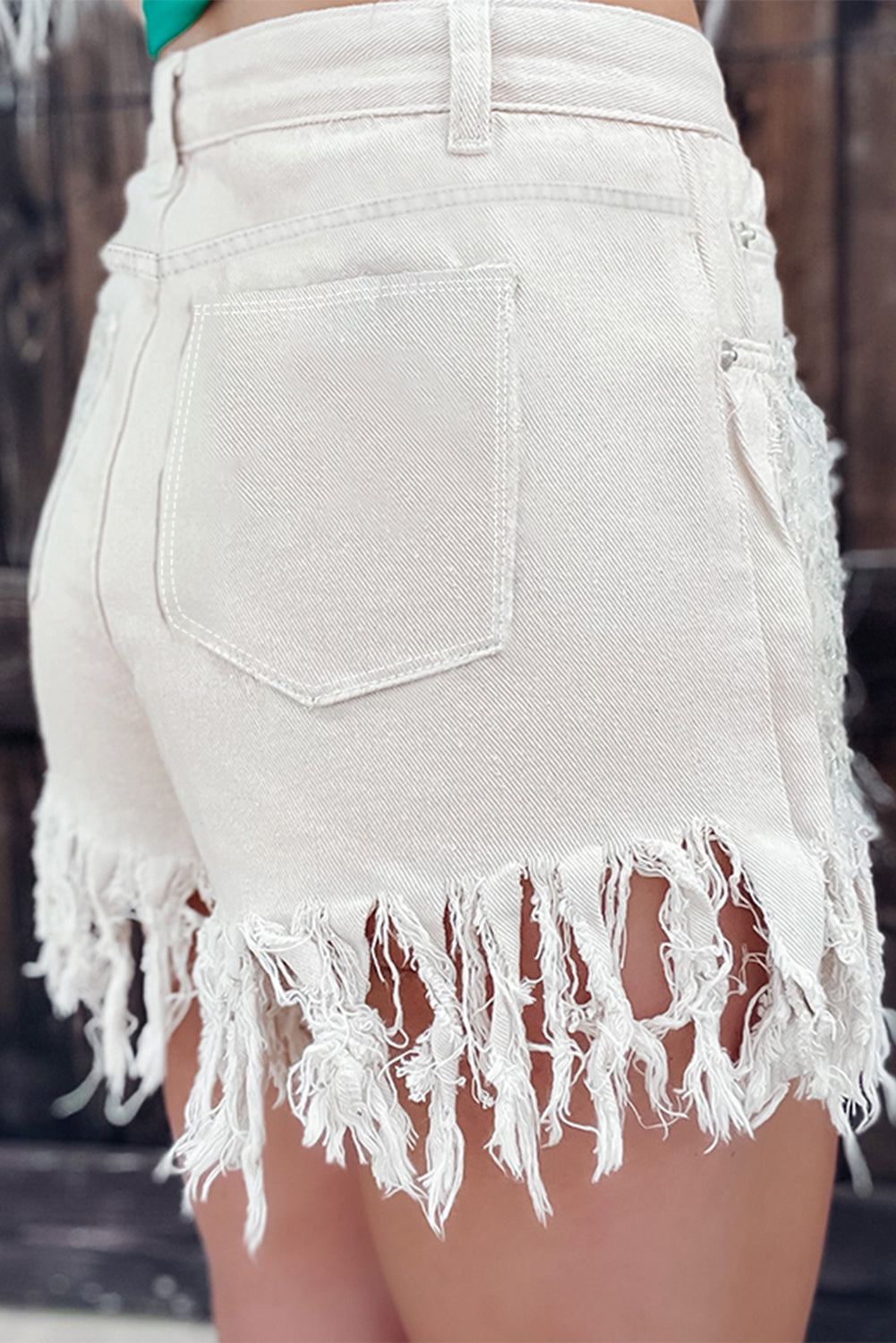 Tassel Sequin Distressed High Waist Denim Shorts