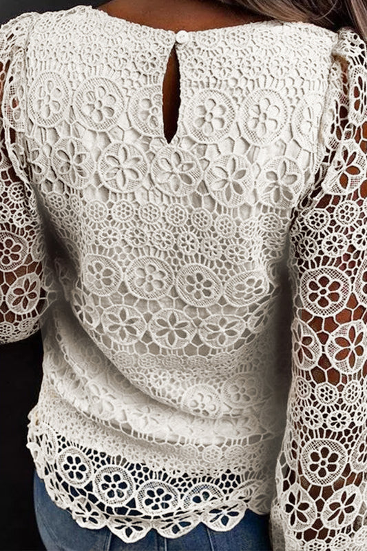 Lace Contrast Hollow-out Long Sleeve Blouse