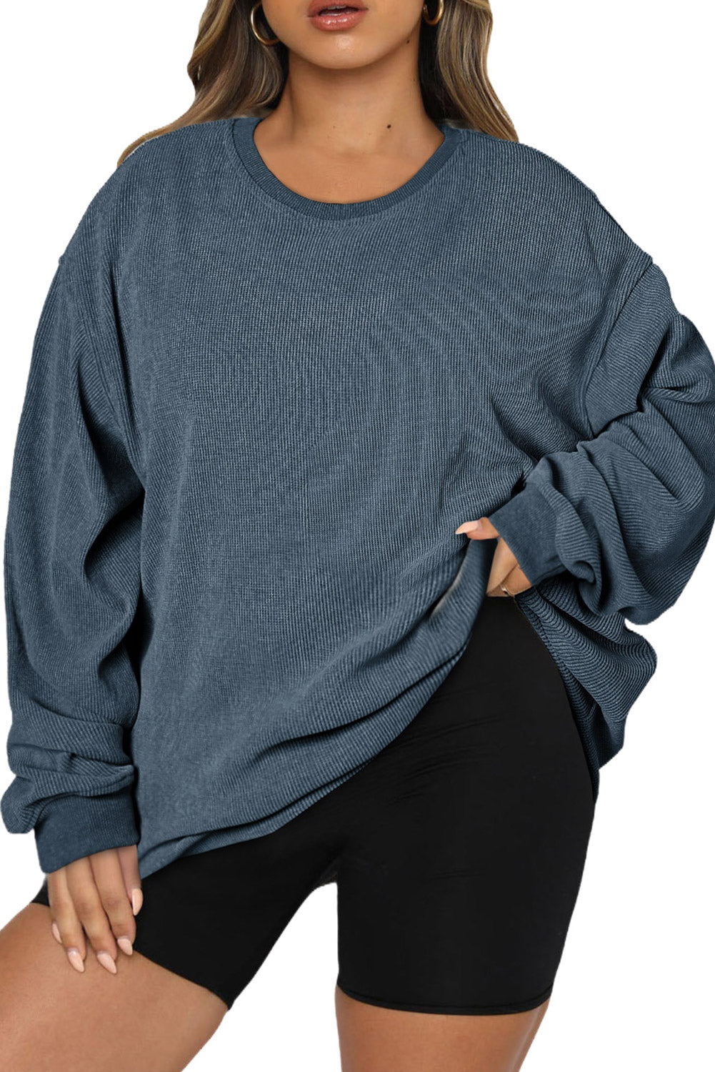 Pink Solid Ribbed Knit Round Neck Pullover Sweatshirt