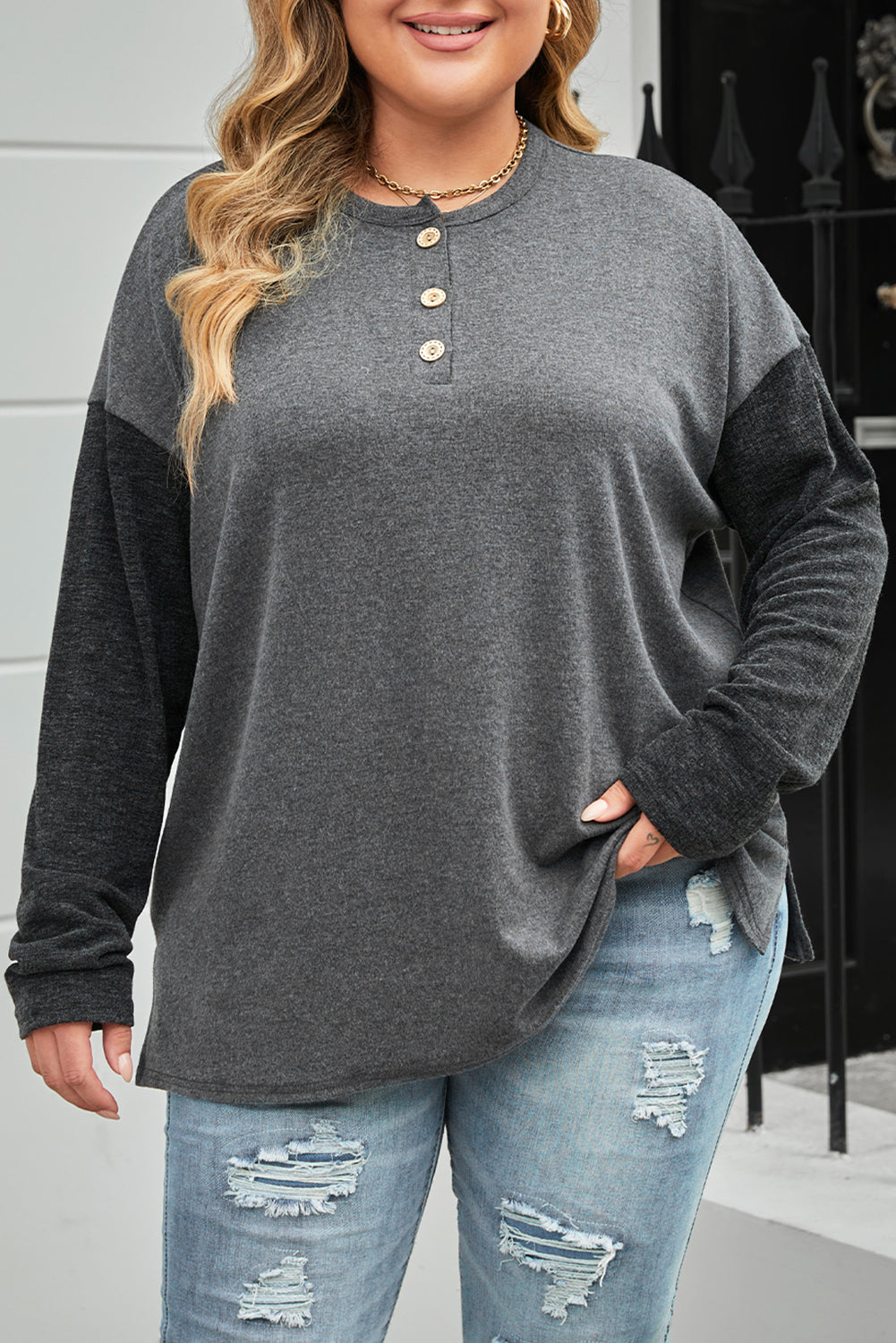 Plus Size Ribbed Long Sleeve Henley Top