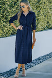 Crinkle Textured Long Sleeve Shirt Dress with Belt