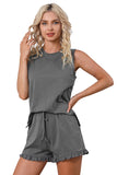 Dark Gray Crew Neck Tank and Drawstring Ruffled Shorts Lounge Set