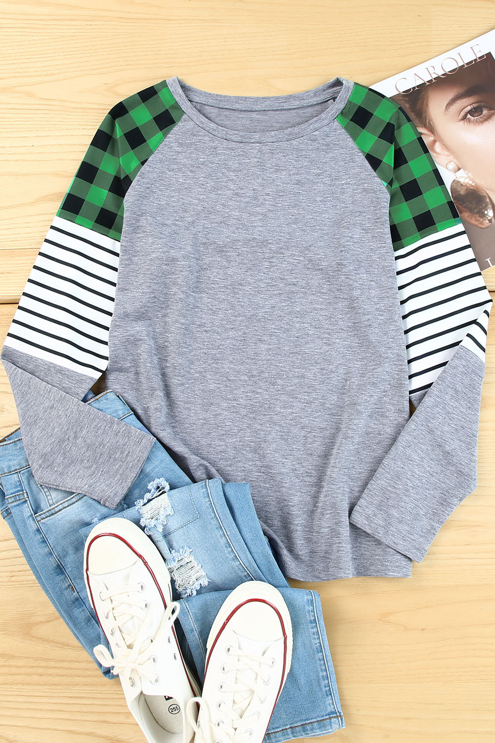 Green Buffalo Plaid & Stripe Splicing Long Sleeve Top