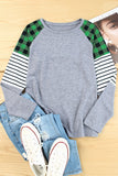 Green Buffalo Plaid & Stripe Splicing Long Sleeve Top