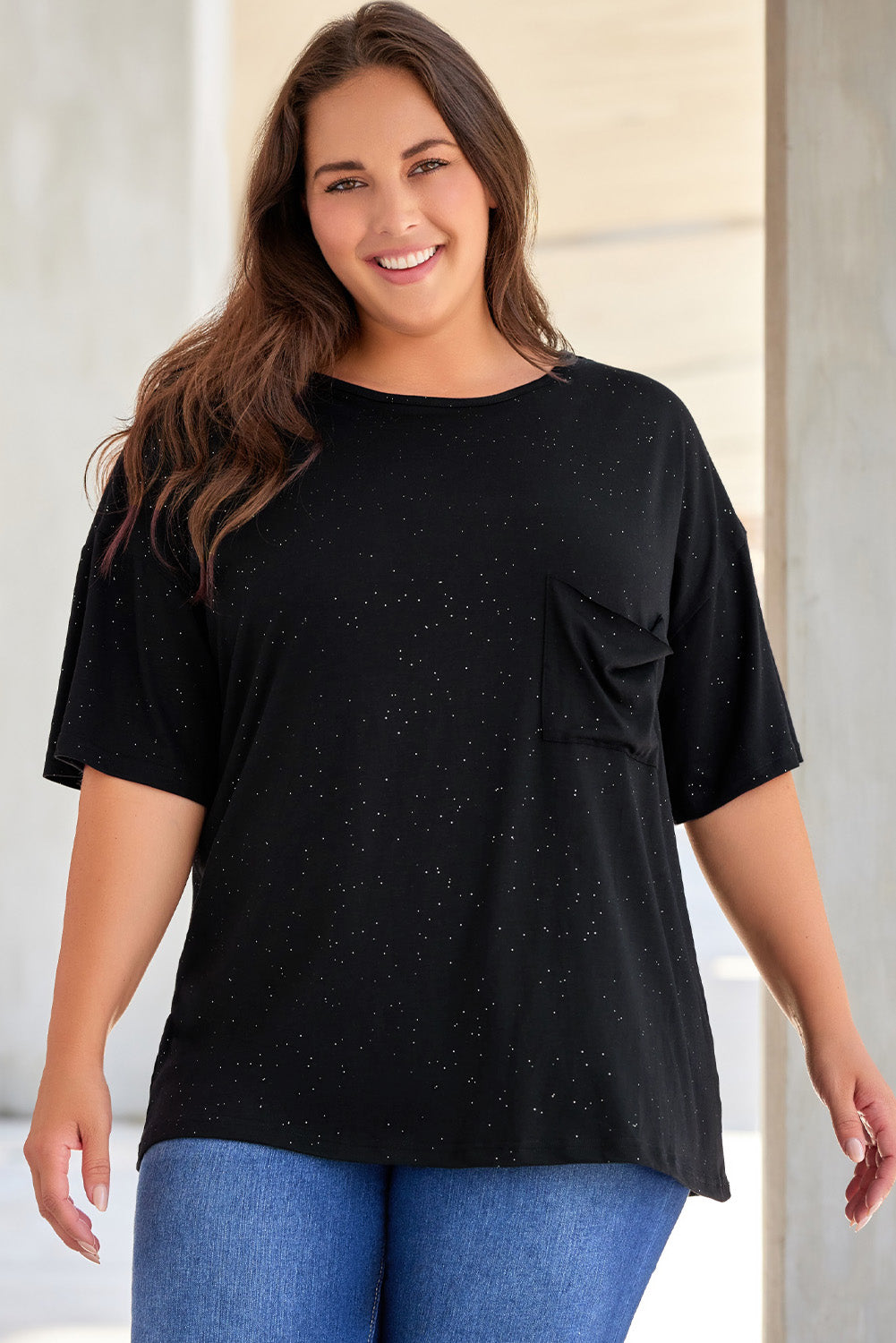 T-shirt Noir à Poches Splatter Allover Grande Taille