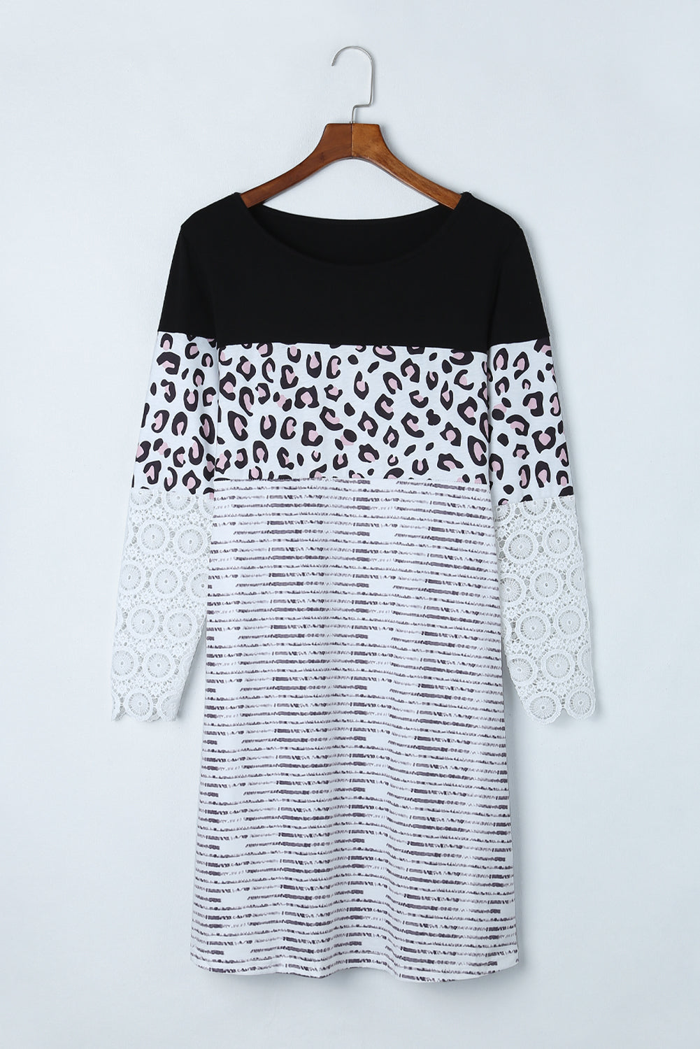 Striped Leopard Patchwork Lace T Shirt Dress