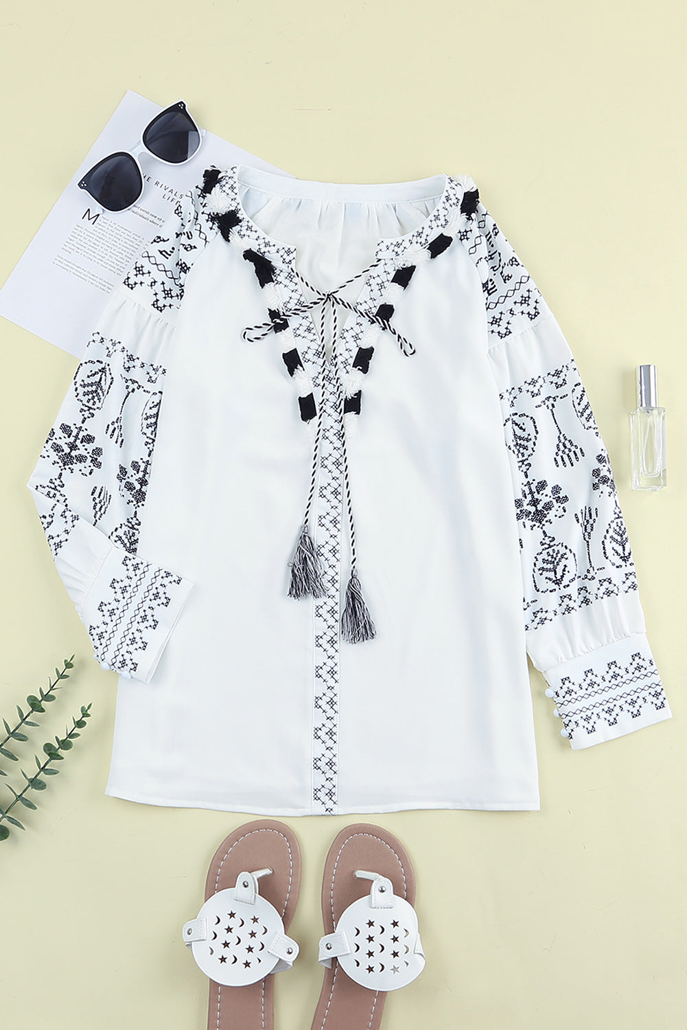 Boho Embroidered Split Neck Blouse