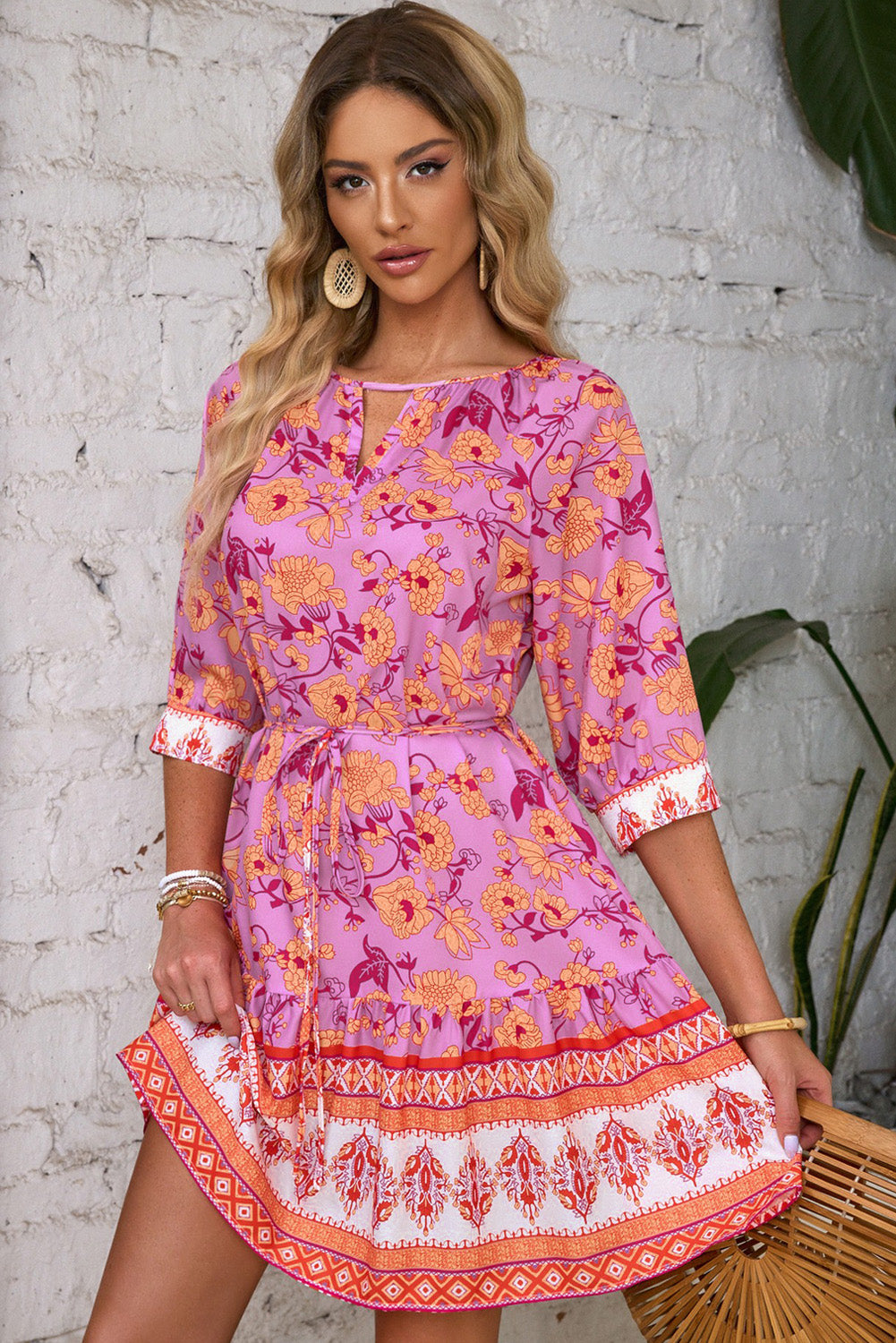 3/4 Sleeve Boho Floral Belted Mini Dress