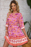 3/4 Sleeve Boho Floral Belted Mini Dress